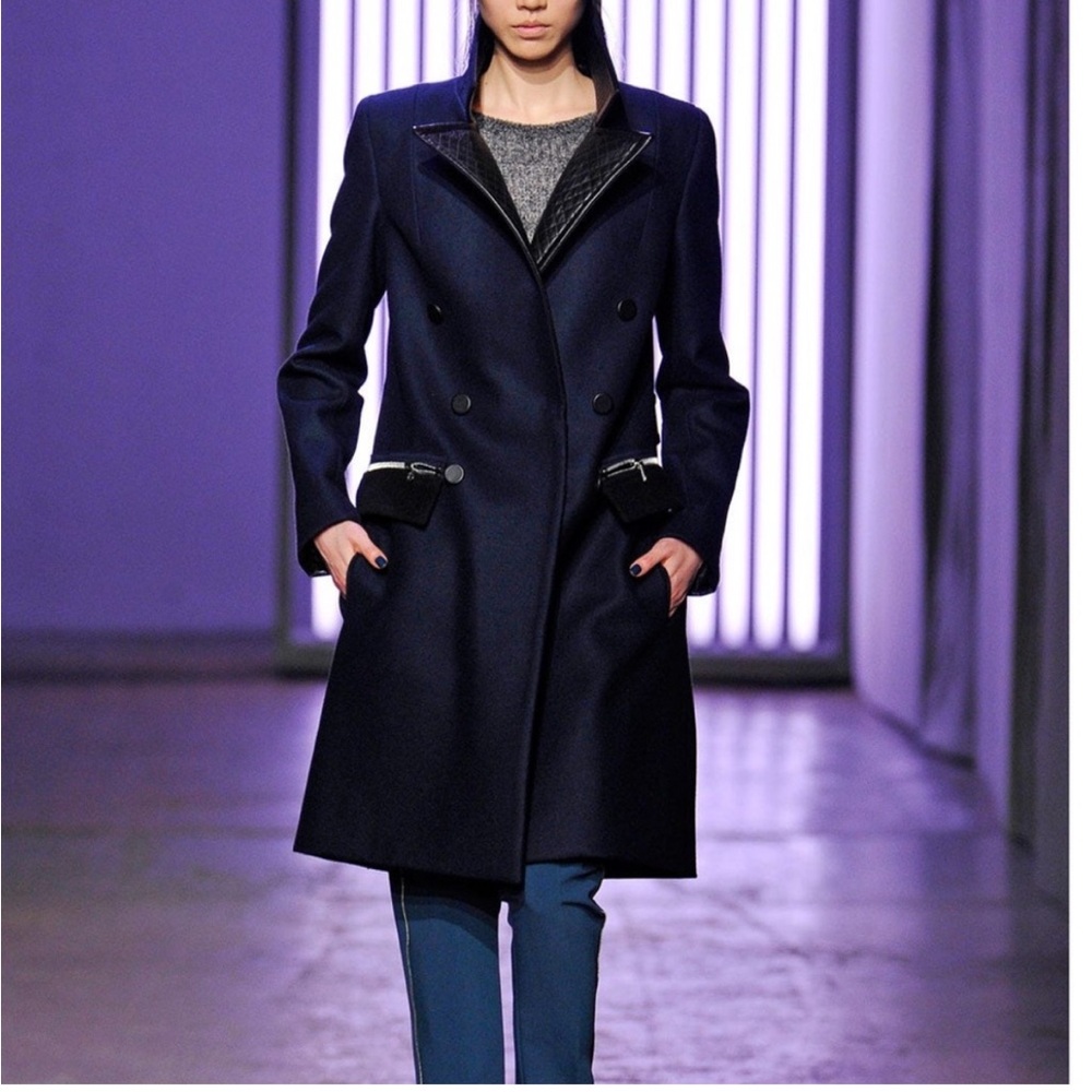 Rebecca Taylor Elegant Navy Double-Breasted Wool Coat w/ Black Leather Trim Sz 8